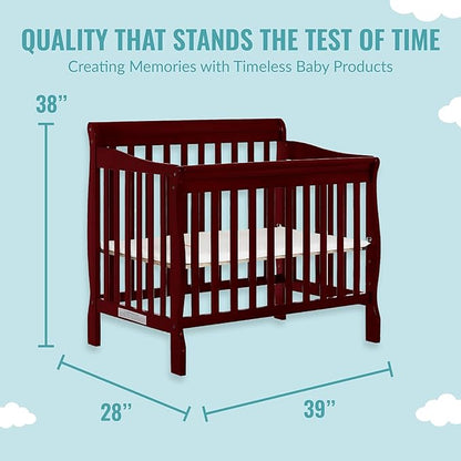 Aden 4-in-1 Convertible Mini Crib in Cherry, Greenguard Gold Certified & Sunset 3” Extra Firm Fiber Crib Mattress, Greenguard Gold Certified