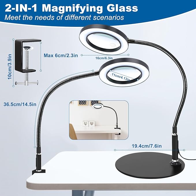 NZQXJXZ 2-in-1 Magnifying Glass with Light and Stand 20X 10X Magnifying Lamp with Large Base & Clamp, 72 LEDs, 3 Color Modes and10 Stepless Dimmable, Desk Magnifier for Hobbies, Reading, Jewelry