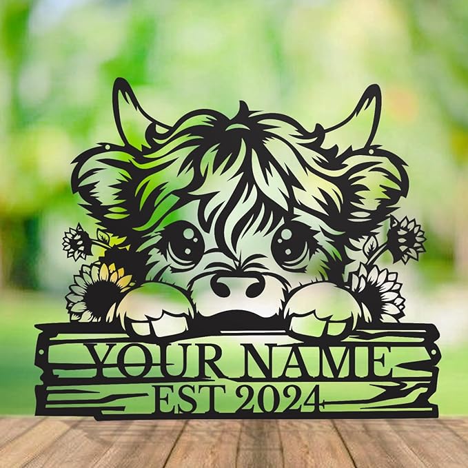 Personalized Highland Cow Name metal Signs,Custom Highland Cow Metal Shed Wall Decor,Black Metal Wall Art Plaques Outdoor wall Decorative Signage (Style D)