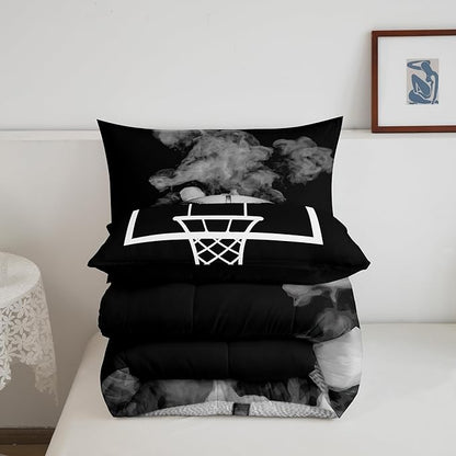 Kids Basketball Bedding Sets For Boys Teen Sports Basketball Bed Comforter Set Twin Grey Hippie Smoke Quilt Set,Reversible Black Duvet Insert,With 1 Comforter And 1 Pillow Case Basketball Room Decor
