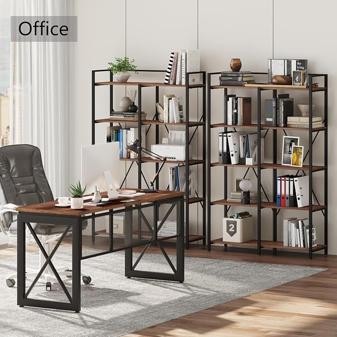 BON AUGURE Industrial Bookshelves and Bookcases, Farmhouse Large Book Shelves, 5 Tier Heavy Duty Open Bookcase, Tall Wood Metal Shelving Unit for Living Room, Bedroom, Office (Rustic Oak)