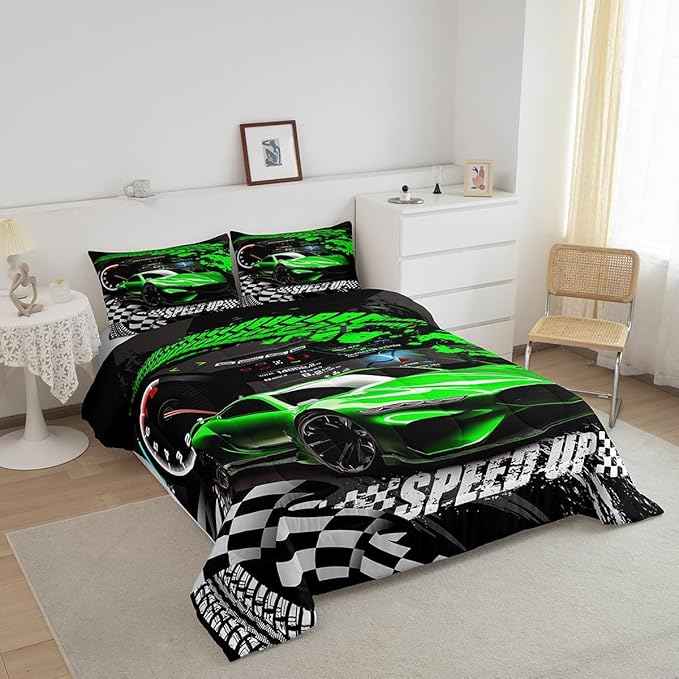 Feelyou Kids Boys Girls Race car Comforter King Size, Green Race Car Buffalo Plaid Comforter Set for Teens Toddler Sports Car Bedding Set Racing Car Duvet Set Room Decor Quilt Set Bedding Collection