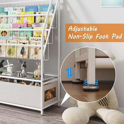 Large Kids Bookshelf With 2 Storage Box, 5 Tier Metal Kids Bookcases Children's Toy Storage Rack, Book Unit Storage Shelf for Playroom Bedroom Study Room, Idea Gifts for Boys and Girls KDSJ2305-White
