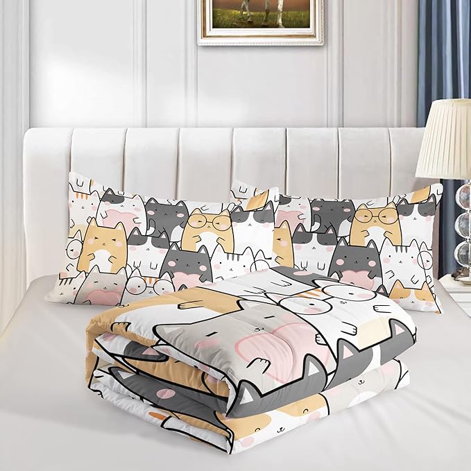 Kawaii Cat Comforter King Size,Cats Comforter Set for Kids Teens Girls Boys,3Pcs Bedding Set Printed Comforter with 2 Pillowcases,Down Alternative,Soft and Lightweight，King Size