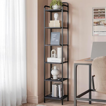Bookcase Bookshelf, Narrow Book Shelf, Industrial Coner Shelf Storage Organizer, Slim Shelving Unit for Home Office, Living Room, Bedroom, Kitchen, 6-Tier Black BC24604B