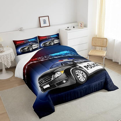 Erosebridal Police Car Comforter Sets King Size,Policeman Vehicle Bedding Set for Kids Boys Children,Red Blue Cop Lights Down Comforter Geometric Graphics Duvet Sets Bedroom Decor with 2 Pillow Cases