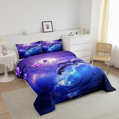 Galaxy Dolphin Bedding Set Twin Coastal Ocean Waves Comforter Set Night Star Moon Cherry Blossoms Comforter For Kids Girls Teens Sea Animal Starry Sky Quilt Duvet Purple Blue Marine Room Decor 2 Pcs