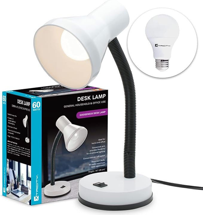 Xtricity Metal Desk Lamp with Adjustable Gooseneck Arm, 6W A19 LED Bulb Included, 120 Volt, Convenient On/Off Switch, 14" Inch Tall (36cm), White Finish