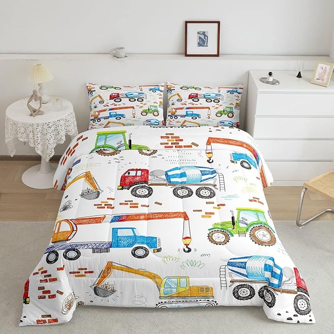 Boys Excavator Bedding Set Construction Vehicles Comforter Set for Kids Girls Watercolor Tractor Crane Truck Comforter Colorful Design Quilt Room 3Pcs Full Size Boys