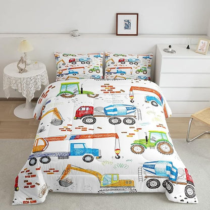 Feelyou Boys Excavator Bedding Set Construction Vehicles Comforter Set for Kids Girls Watercolor Tractor Crane Truck Comforter Colorful Design Quilt Set Room 3Pcs Queen Size