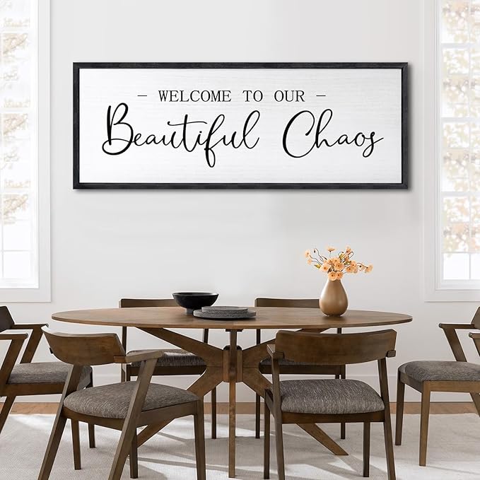 Welcome To Our Beautiful Chaos Sign Wall Decor Framed Wood 32X12 Inch For Rustic Home Living Room Entryway Bedroom Hanging Art (Black)