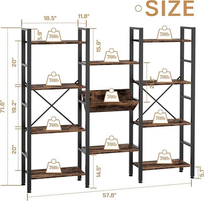 Shintenchi Industrial Bookcase,71.6” Triple 4 Tier Bookshelf with 11 Open Display Shelves,Large Etagere Bookshelf Open Record Player Shelves,Wide Book Shelf Book Case for Home & Office,Rustic Brown