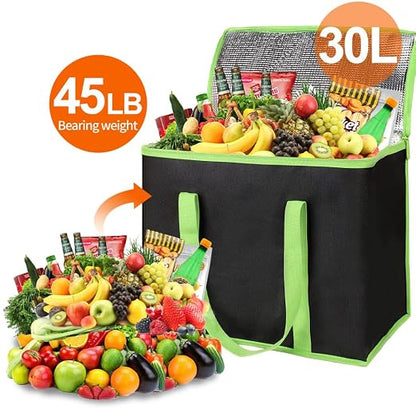 Bodaon 2-Pack Insulated Reusable Grocery Shopping Bags, X-Large Black-Green | Cooler Bag Top Cold/Warmer, Heavy Duty Insulated Pizza/Food Delivery Bag, For Commercial Catering Rideshare Driver, Picnic