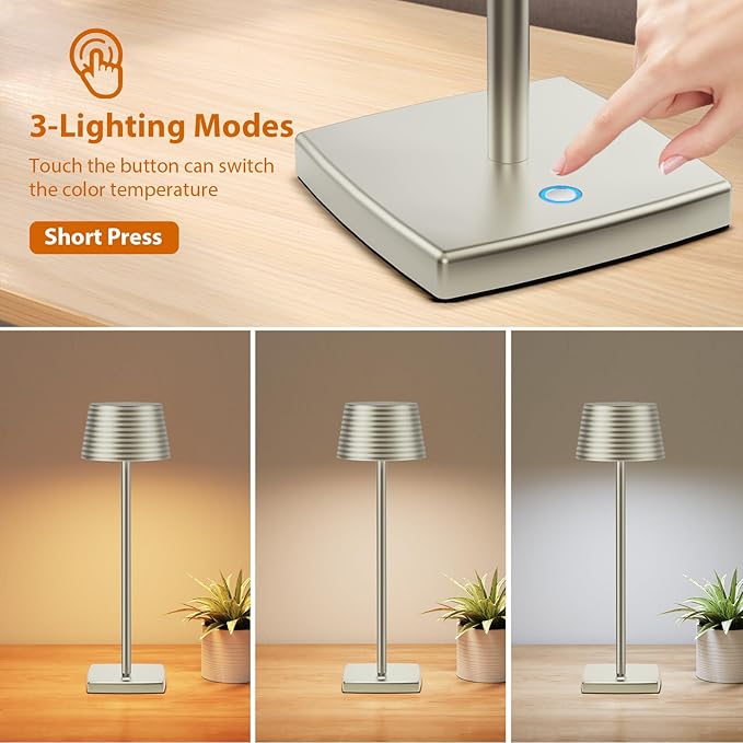 Rechargeable Cordless Table Lamp, Battery 5000mAh Metal Aluminum Housing USB LED Portable Powered Desk Lamp, 3 Levels Brightness Night Light for Restaurants Bars Outdoor (Silver-2pack)