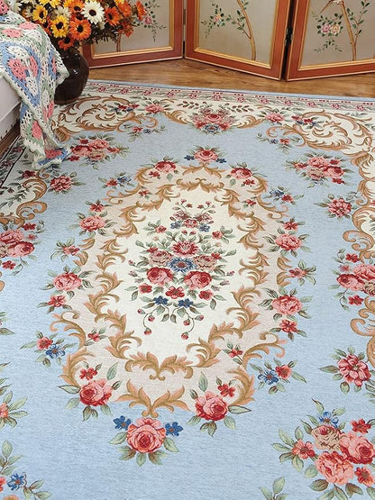 Home Decor Non-Shedding Washable Area Rugs Floral Design Accent Rugs Carpet for Bedroom Living Room Dining Room, 5′3″ × 7′6″, Luxury Blue