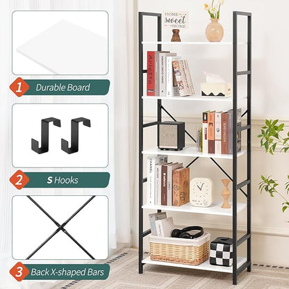 Yoobure 5 Tier Bookshelf - Tall Book Shelf Modern Bookcase for CDs/Movies/Books, Rustic Book Case Industrial Bookshelves Book Storage Organizer for Bedroom Home Office Living Room White