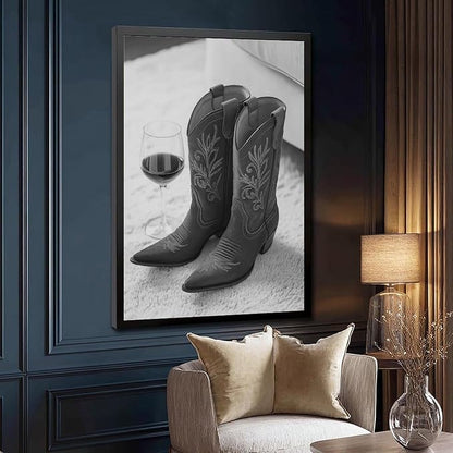 Cowboy Boots And Red Wine, Western Aesthetic, Black And White, Modern Fashion Poster Canvas Poster Wall Art Decor Print Picture Paintings for Living Room Bedroom Decoration Black Frame 12x18in(30x45cm