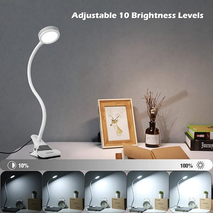 Desk lamp, LED Reading Light, Dimmable Clamp Lamp for Bed Headboard, Bedroom, Office, 3 Modes & 9 Dimming Levels, Flexible Clip Desk Lamp