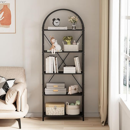 5-Tier Bookshelf, 24 Inch Width Industrial Arched Bookcase, Vintage Storage Rack with Open Shelves, Free Standing Shelf for Home Office, Living Room,Bedroom, Black
