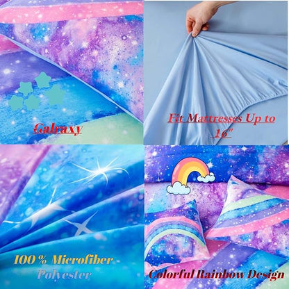 Tie Dye Blue Teens Comforter Set Queen for Girls, 3D Rainbow Gradient Glitter Bed in A Bag, 6 Pieces Twinkle Nebula Comforter Kids Bedding Set for All Season
