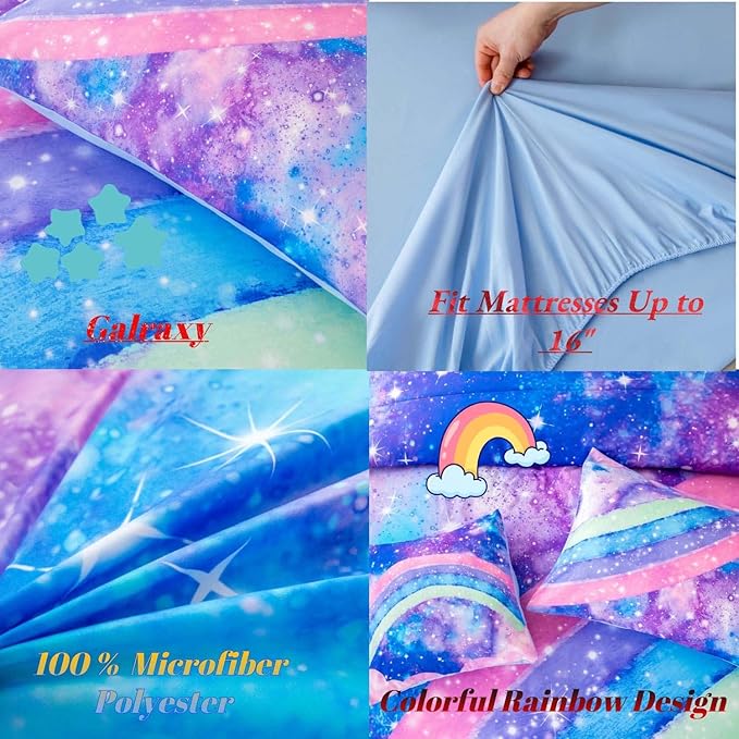 Tie Dye Comforter Girls Twin Comforter Set, 6 Pieces Colorful Rainbow Bed in A Bag, Pastel Gradient Galaxy Bedding Sets with Sheets, Comforter and Pillowcases for Teens Kids