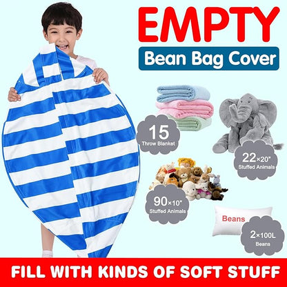 Lukeight Stuffed Animal Storage Bean Bag Chair Cover for Kids, Zipper Beanbag Chair Cover for Organizing Toddler & Kids' Rooms Plush Toys (Blue+White Velvet, X-Large)