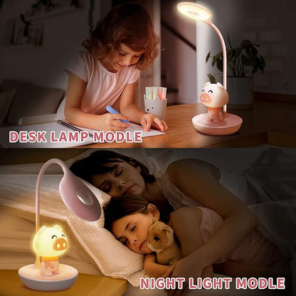 Kids Desk Lamp Pink, Dimming Desk Lamp for Girls with Exclusive Cartoon Look, Cute Night Light for Kids Bedroom, Eye-Caring LED Portable Reading Lamp for Child, Unique Gift (Pink Pig)