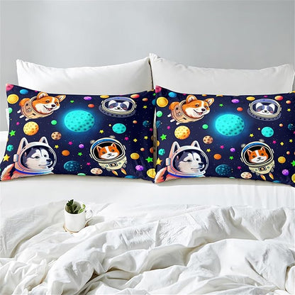 Dogs Full Size Bedding Set - 3Pcs Cute Dogs Comforter Set for Boys Ultra Soft Universe Corgi Husky Alaska Pattern Bedding Set for Kids Girls Boys Lightweight Blue-Black Reversible for All Season