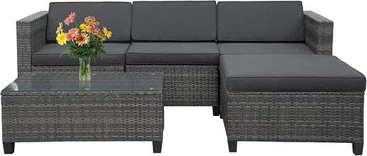 5 Piece Outdoor Patio Sectional Furniture Set, Weather Resistant Rattan Outside Couch, Waterproof Conversation Sofa for Balcony, Porch, Backyard, Deck, Garden, Grey