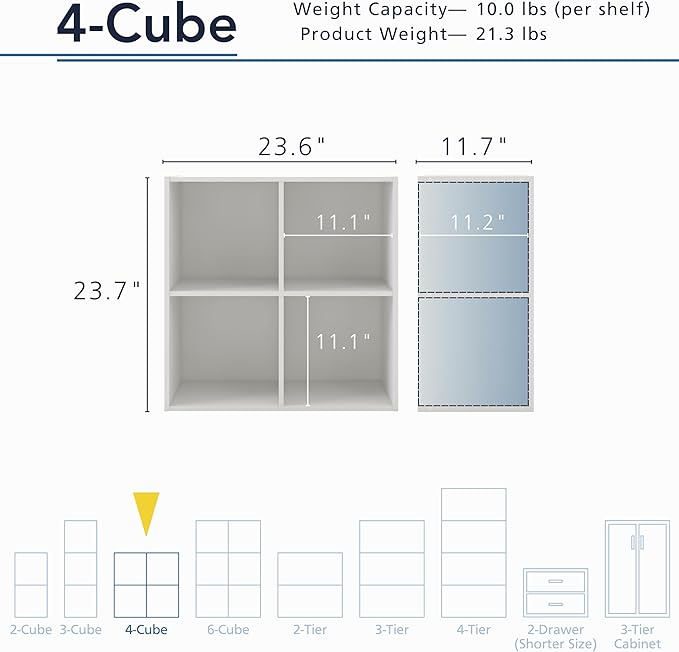 Apexa 4 Cube Storage Organizer Shelves, Stackable Wood Bookcase Fits Cubby Bins for Organization, Dorm Teen Room Decor & Home Office, White