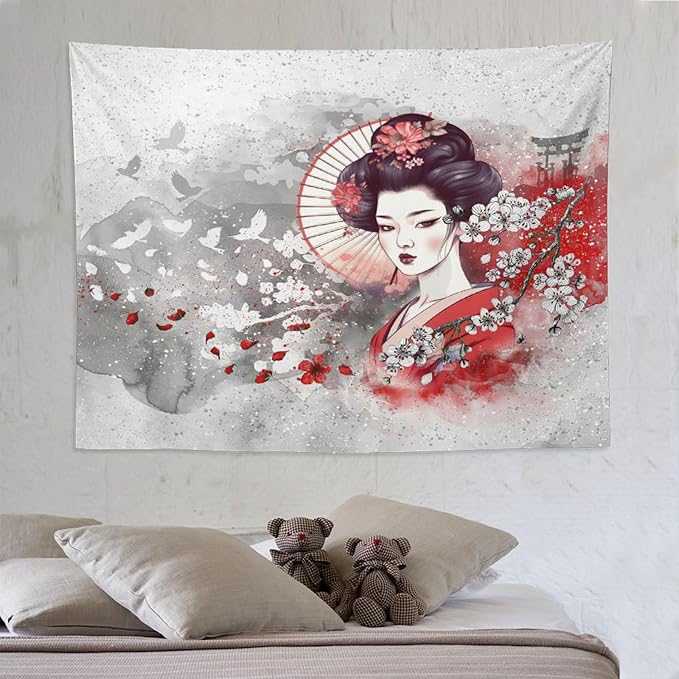 Japanese Geisha Tapestry Asian Red Cherry Blossom Traditional Kimono Folk Tapestries Home Decor for Living Room Bedroom Apartment Farmhouse Dorm 80"x60"