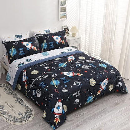 Wajade Kids Space Comforter Set Bed in A Bag Full Size 7 Piece 3D Space Rocket Planets Bedding Set for Teens Boys Girls (1 Comforter, 1 Flat Sheet, 1 Fitted Sheet, 2 Pillowcase and 2 Pillow Sham)