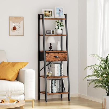 Furologee 5 Tier Ladder Shelf with Drawer, Tall Bookshelf Storage Shelves, Bookcase Standing Shelf Units, Industrial Open Display Shelves Organizer for Bedroom, Living Room, Kitchen, Rustic Brown…