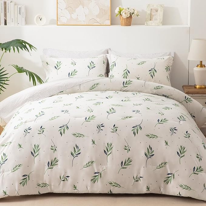 EMME Twin Comforter Set - Sage Green Floral Bedding Sets 5 PCS with Nature Leaves Pattern, Soft Leaf Printed Botanical Bed Set with Sheets, Fluffy Bed Bag for All Season(68"X90")