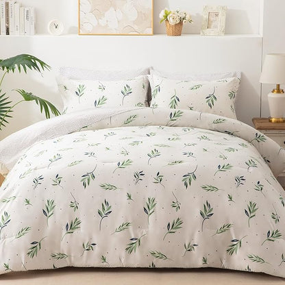 EMME Twin Comforter Set - Sage Green Floral Bedding Sets 5 PCS with Nature Leaves Pattern, Soft Leaf Printed Botanical Bed Set with Sheets, Fluffy Bed Bag for All Season(68"X90")