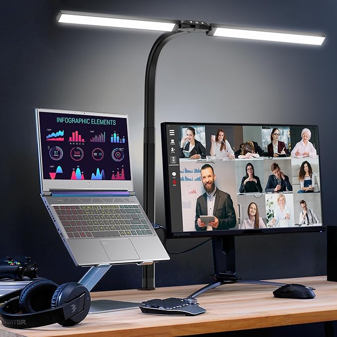 Yarrashop Desk Light for Office Home Computer Video Conference Light Zoom Meeting, 24W Ultra Bright Auto Dimming Architect Eye-Caring Desk Lamp with Clamp for Remote Work,Task, Study, Drafting