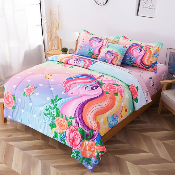 ADASMILE A & S Unicorn Comforter Set Full with Sheets 6 Pieces Floral Pink Unicorn Bedding Set for Girls Kids Unicorn Sheets Soft Bed-in-a-Bag Comforter Reversible Bed Comforter Set for Home Decor