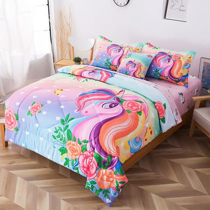ADASMILE A & S Unicorn Comforter Set Twin with Sheets 6 Pieces Floral Pink Unicorn Bedding Set for Girls Kids Unicorn Sheets Soft Bed-in-a-Bag Comforter Reversible Bed Comforter Set for Home Decor