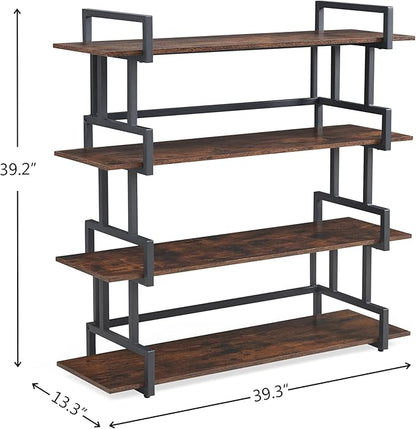 4-Tier Bookshelf-Industrial Bookcase, Rustic Open Book Shelf, Vintage Freestanding Bookshelves, Metal Frame and Solid Wood, Living room, Office, Bedroom Storage