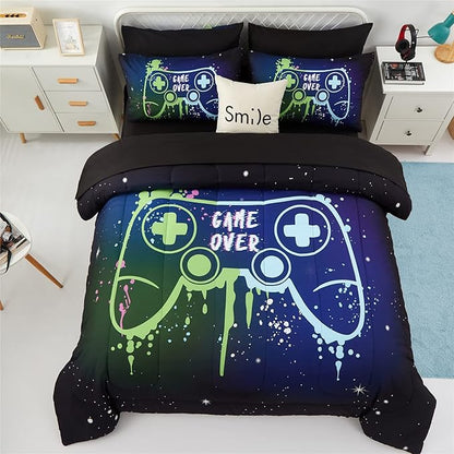 Kids Gaming Bedding Sets Twin Size for Boys Teen, 4 Piece Bed in a Bag Gamer Comforter Set with Sheets, 3D Colorful Video Game Controller Comforter, All Season Soft Microfiber Bed Set(Blue,Twin)