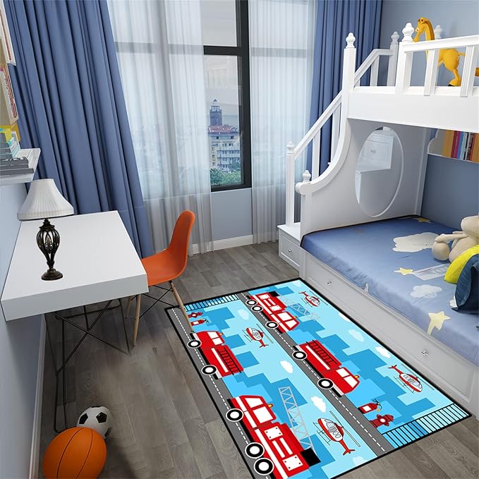 Car Rug Play Mat Car Rug Play Mat Car Rug for Boys Room Fire Fighting Truck Red Car Printed Rug Play Rug for Cars and Trucks Play Rugs for Kids Rooms,Light Blue 5'×7'