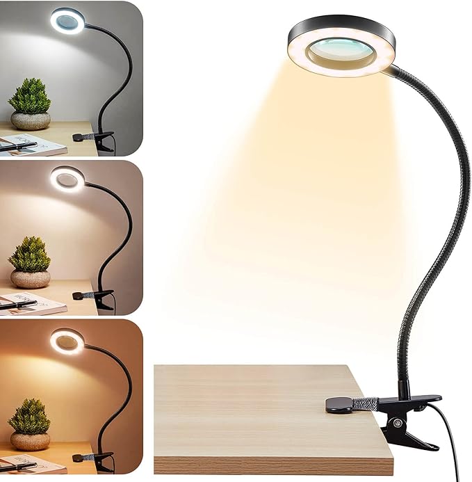 Magnifying Glass with Light 5X, 9w Clip on Light, 48 LED Desk Lamp wtih Clamp Light, 3 Modes Dimmable Magnifying LED Lamps for Bed Work Crafts Workbench