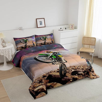 Dirt Bike Comforter Set for Boys Bedroom Motocross Rider Extreme Sports Duvet Insert Mountain Bike Bedding Quilted Set Kids Motorcycle Motorbike Down Comforter,Soft Lightweight for All Season,King