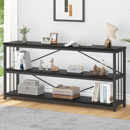 IBF 63" Black Low Horizontal Bookcase, Modern Long Wood Metal 3 Tier Book Shelf, Farmhouse Vintage Big open sturdy Bookshelf, Simple Large Wide Etagere for home living room office bedroom, Black Oak