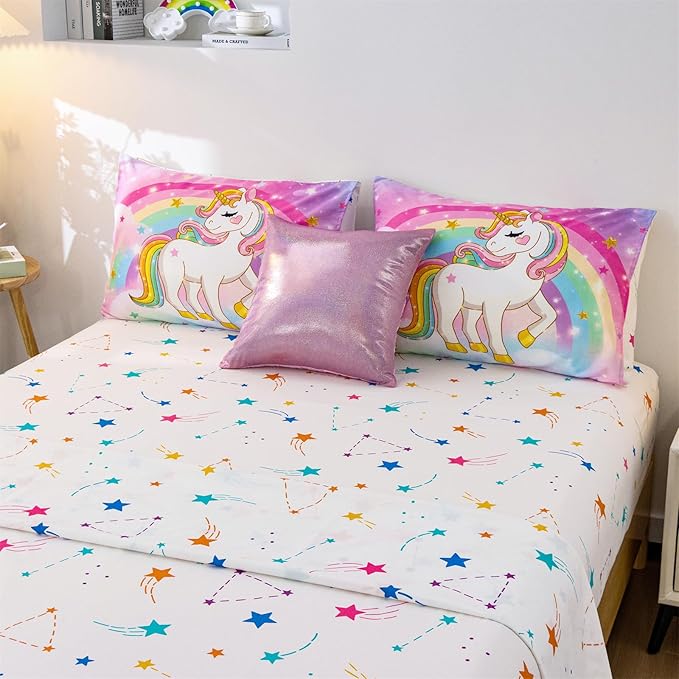 Aimuan Girls Unicorn Comforter Set 6 Pieces Pink Purple Bedding Set with Rainbow Star Galaxy Stars Fantasy Children Room Decor Soft Reversible Bed Sets for Boys/Girls/Teens (Rainbow Twin6Pcs)
