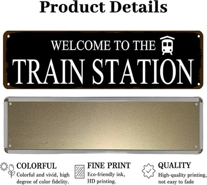 Rustic Train Station Sign Vintage Metal Tin Sign Welcome To The Train Station Signs Train Decor Home Bar Pub Poster Wall Art Decorative 4x16 Inch