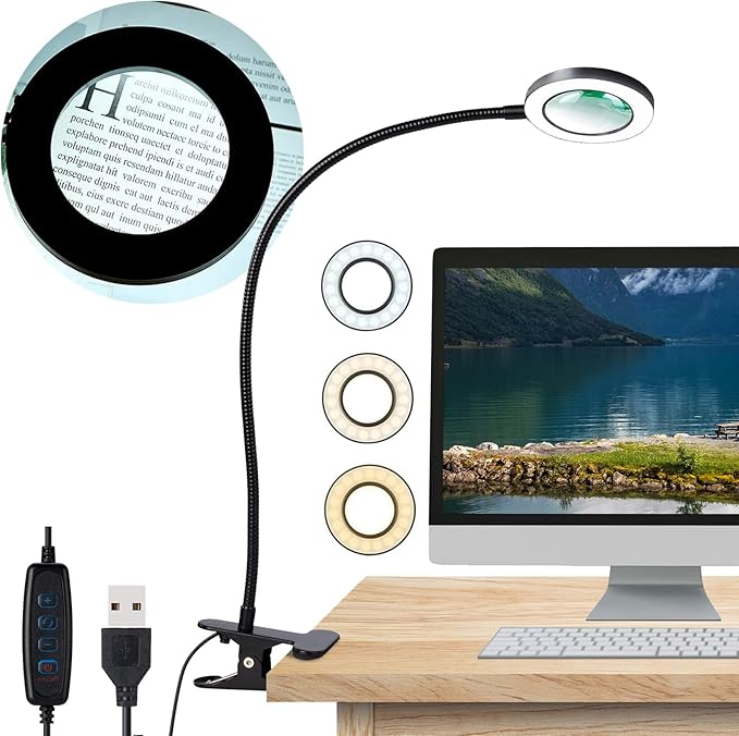Desk Magnifying Glass with Light 5X, Clip on Desk Light with 3 Light Color, 5w LED Desk Lamp with Clamp 10 Adjustable Brightness, Flexible Gooseneck Craft Light Desk Lamps for Home Office