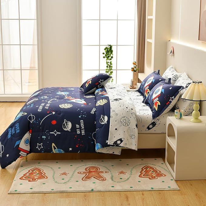 Rocket Comforter Set Full Size, 8 Piece Bed in a Bag Space Bedding Sets for Boys Girls Kids