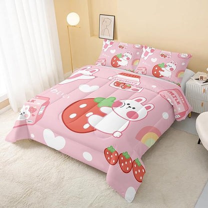 Strawberry Rabbit Comforter Set for Kids Teens Girls Women,Pink Bunny Kids Comforter,1 Comforter with 2 Pillowcase, Microfiber 3 Piece Bedding Set,for All Seasons(Pink，Full Size)