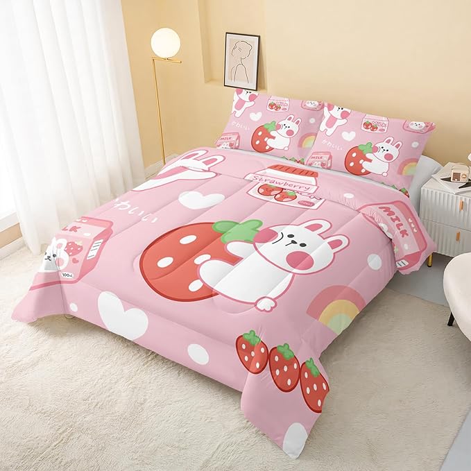 Strawberry Rabbit Comforter Set for Kids Teens Girls Women,Pink Bunny Kids Comforter,1 Comforter with 2 Pillowcase, Microfiber 3 Piece Bedding Set,for All Seasons(Pink，Queen Size)